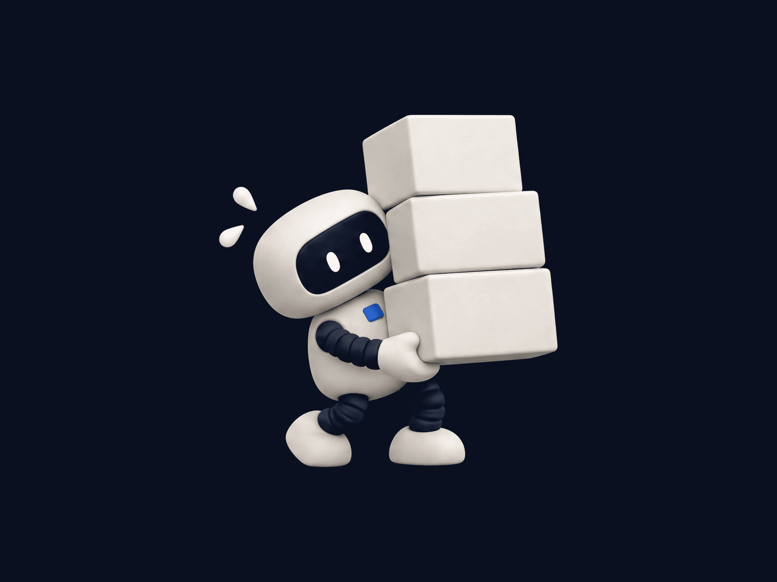 A small robot sweats while struggling forward with a stack of packages in its arms.