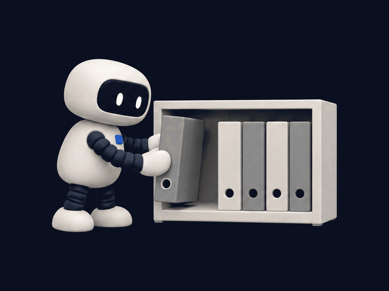 A small robot files a binder on an already organized shelf.