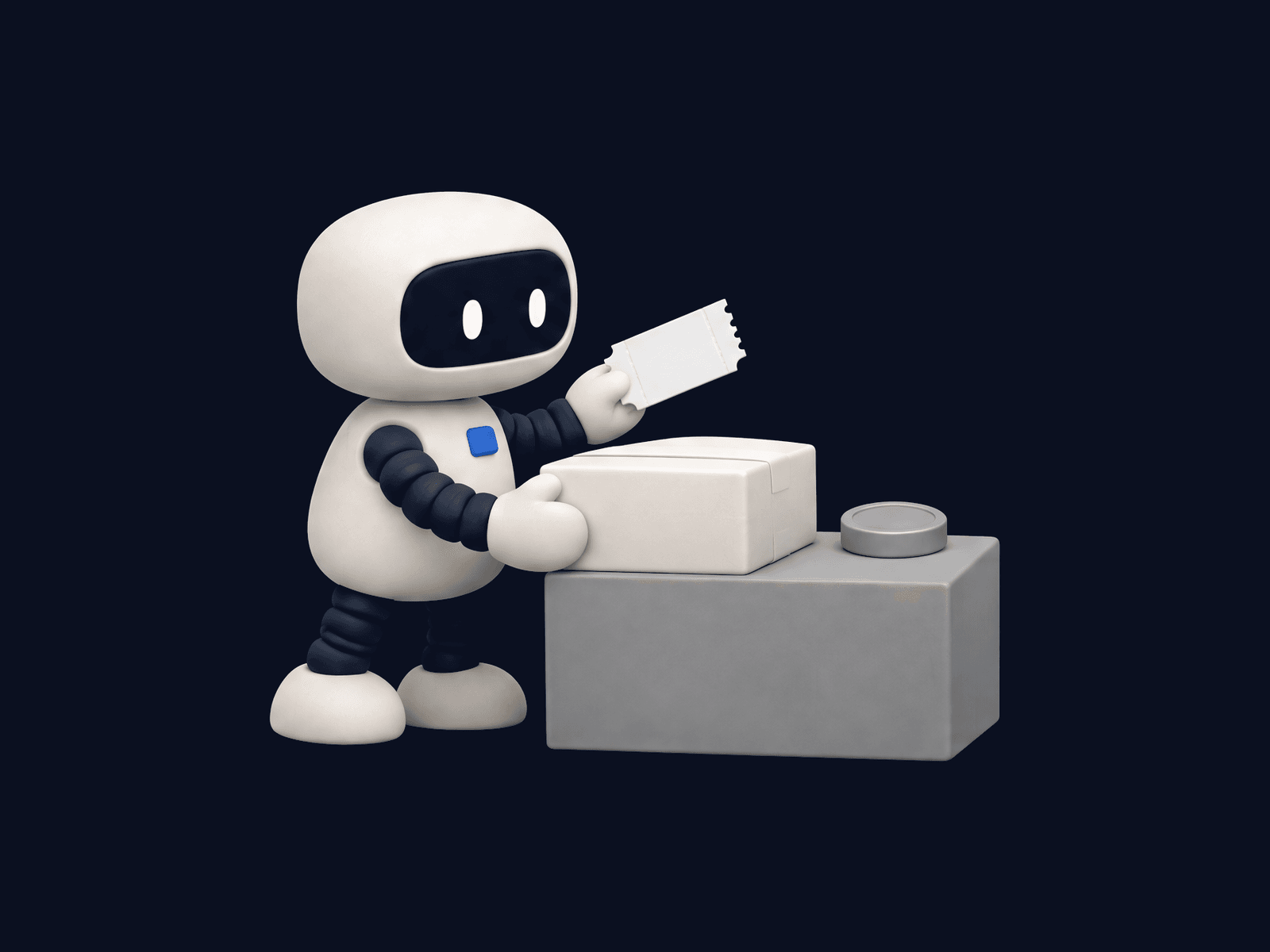 A small robot delivers a package and presents a blank receipt beside a payment token.