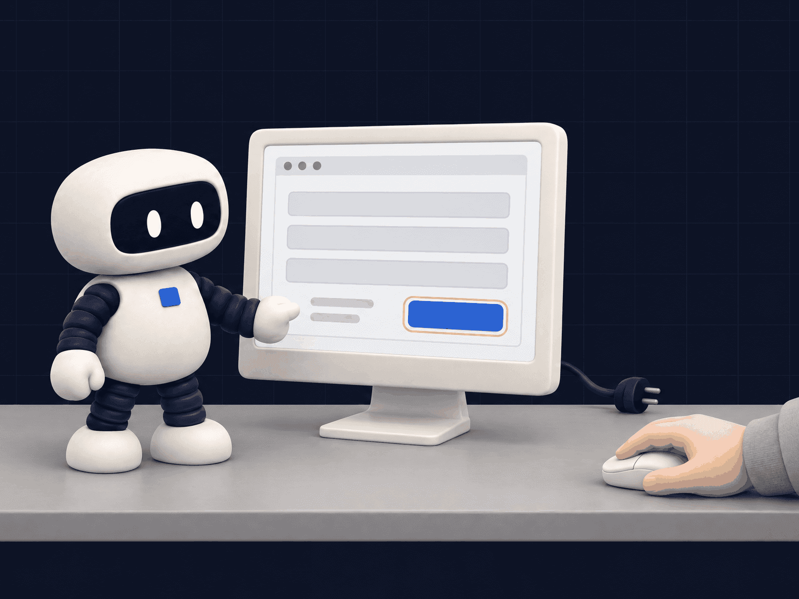 Un petit robot a rempli un formulaire sur l'écran d'un logiciel et s'arrête juste avant le bouton d'envoi ; à côté, la main d'une personne posée sur la souris valide, sur fond bleu nuit.