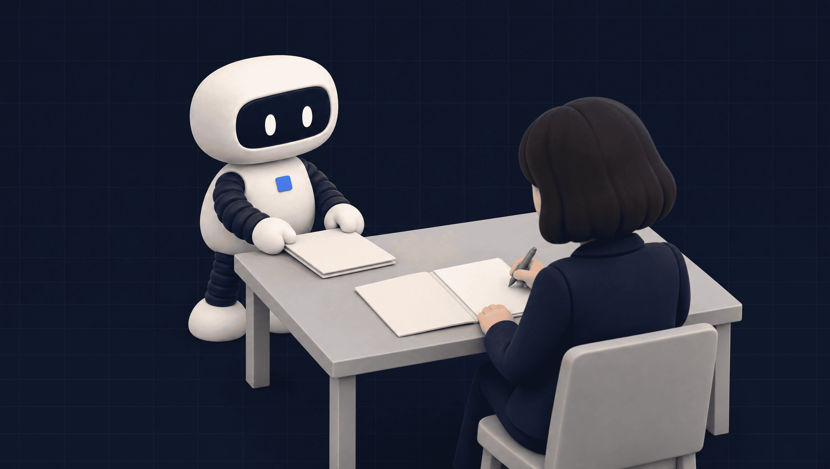 Astro, le robot d'Équipage IA, pose un dossier préparé sur le bureau d'une dirigeante qui le relit avant de le signer.