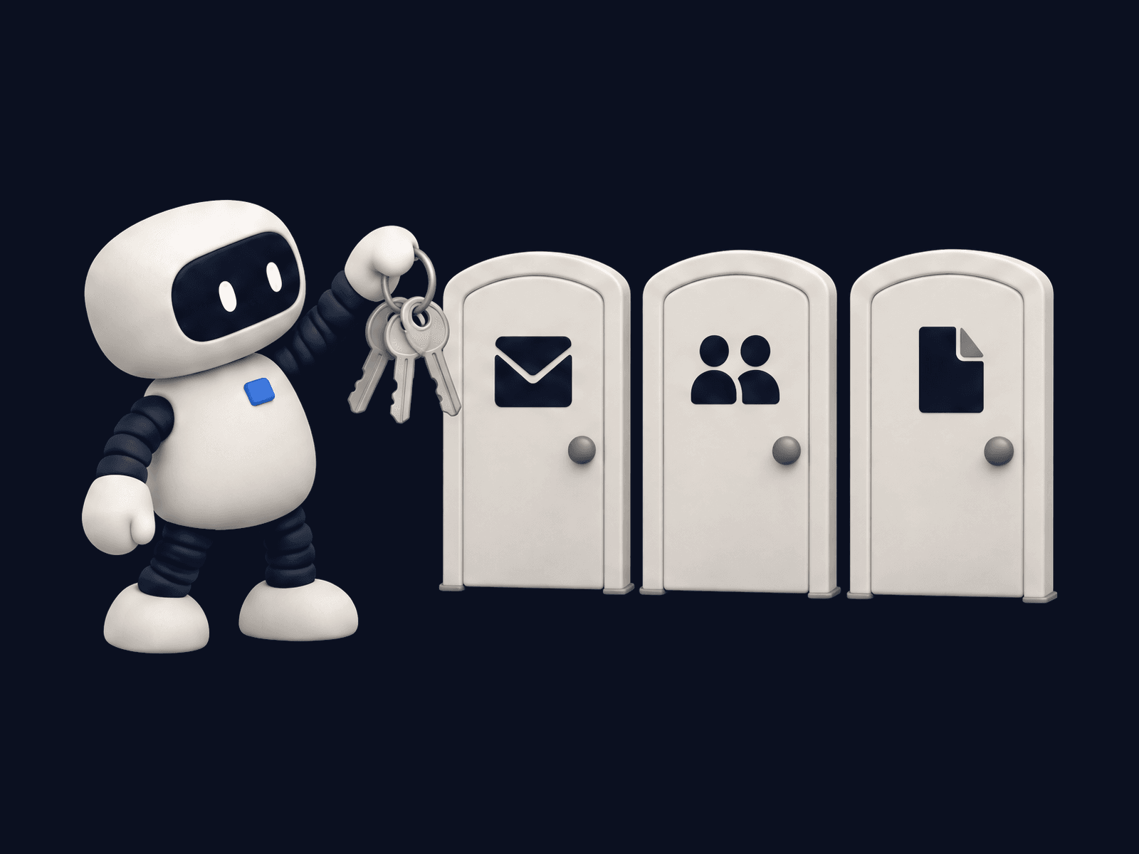 Un petit robot tient un trousseau de clés devant trois portes représentant les mails, les contacts et les devis.