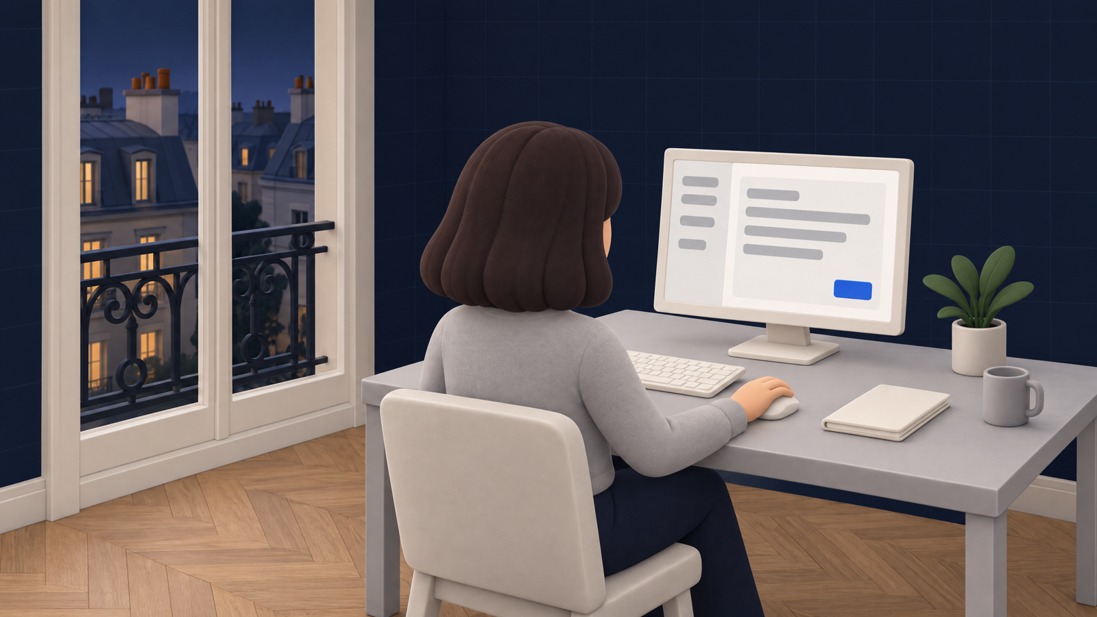 Petit bureau parisien de société de services : une collaboratrice relit sur son écran une réponse préparée à partir d'une demande client reçue par e-mail.