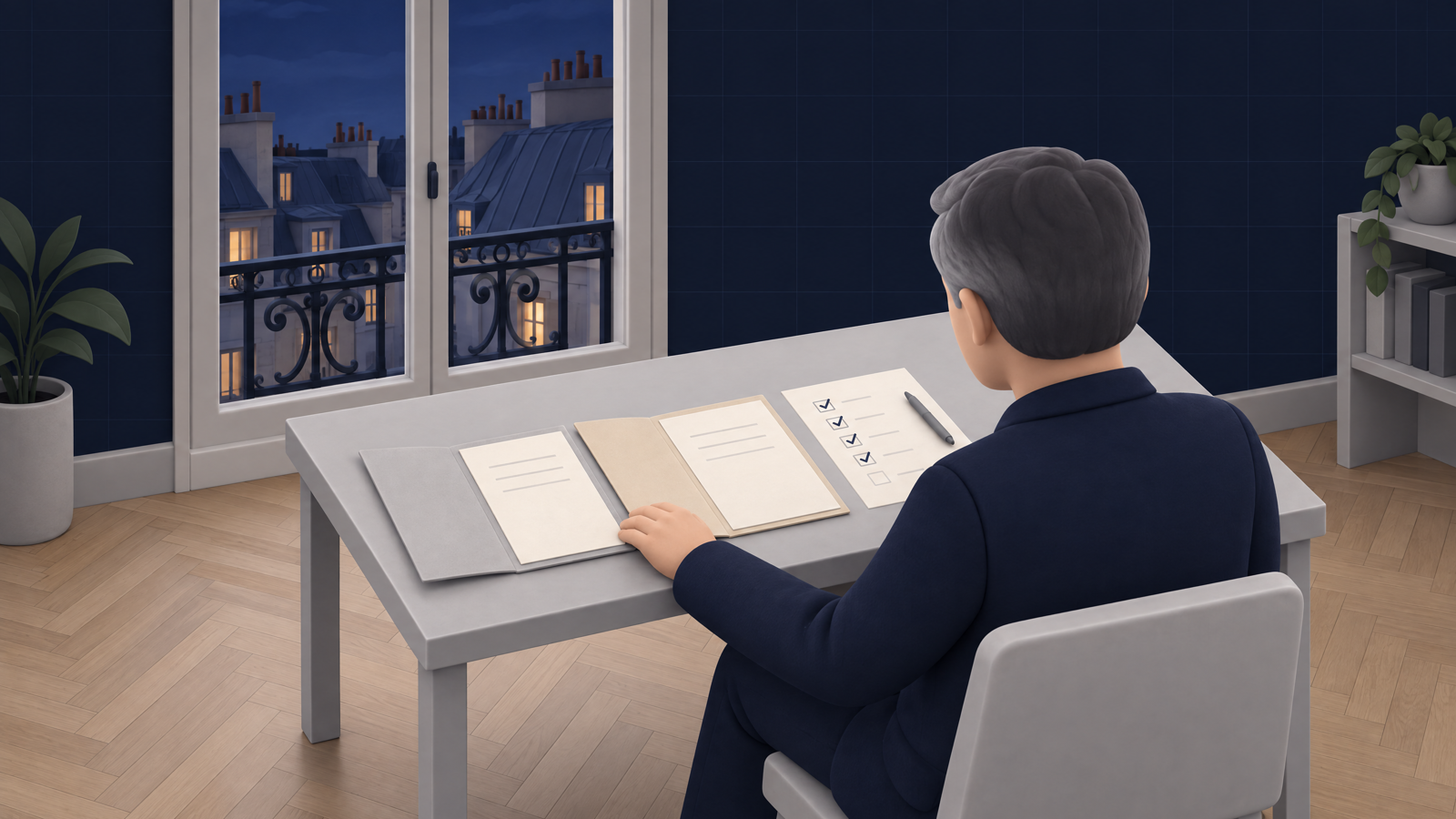Dirigeant de PME qui compare deux propositions d'agences posées sur un bureau, avec une liste de questions cochées à côté, dans un bureau parisien.