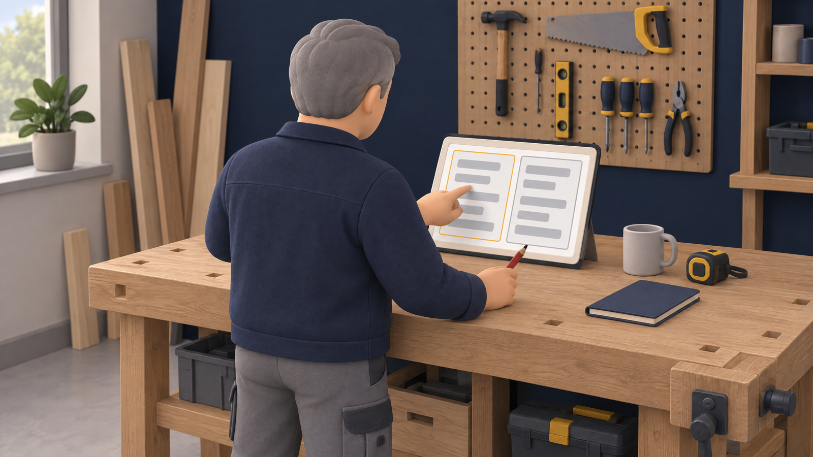 Rodage chez un artisan : sur une tablette posée sur l'établi, l'artisan compare la réponse préparée par l'agent à celle qu'il a réellement envoyée à un client la semaine précédente.