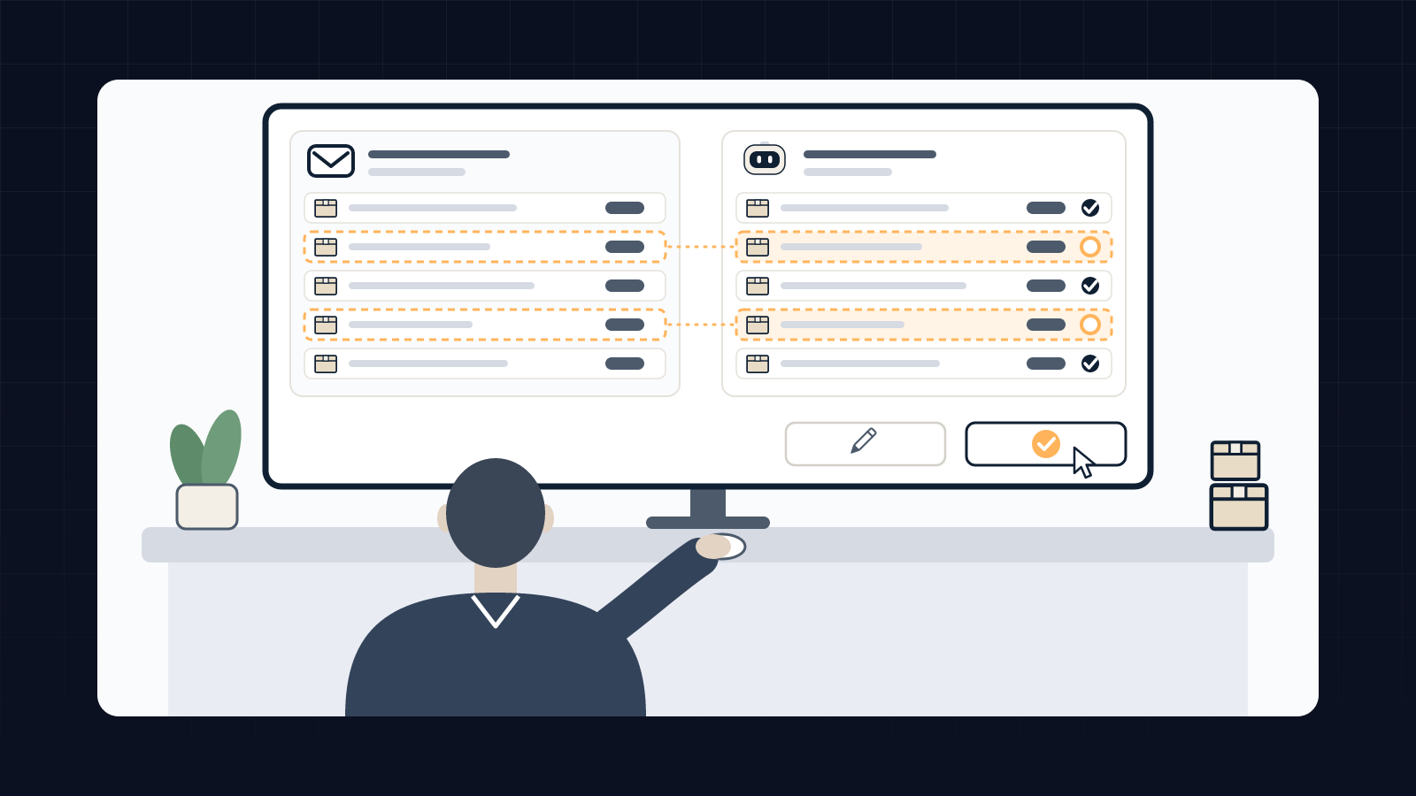 Écran de validation où une personne de l'ADV compare une commande reçue par e-mail à la saisie préparée par l'agent IA, avec les lignes douteuses signalées avant enregistrement.